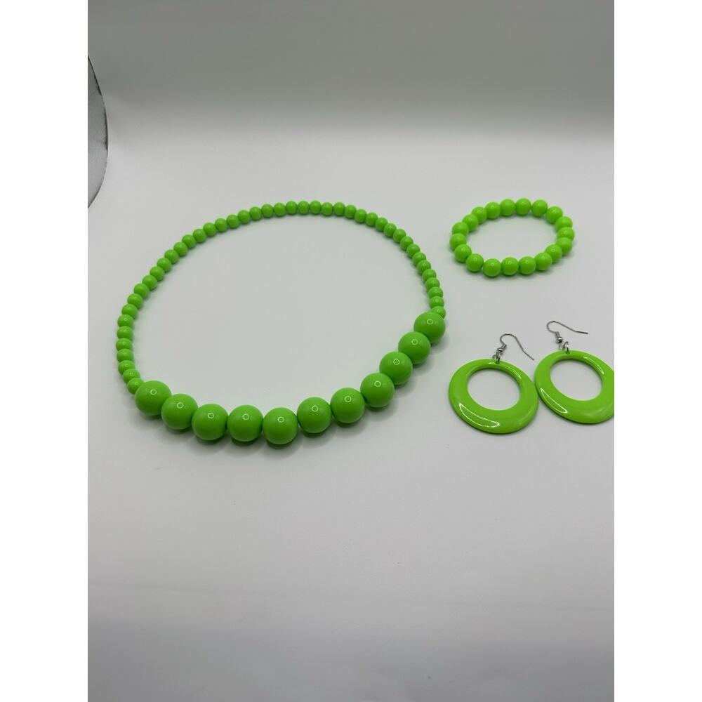 Jewelry Set Of Neon Green Stretch Beaded Necklace, Bracelet, & Hoop Earrings - Picture 7 of 8